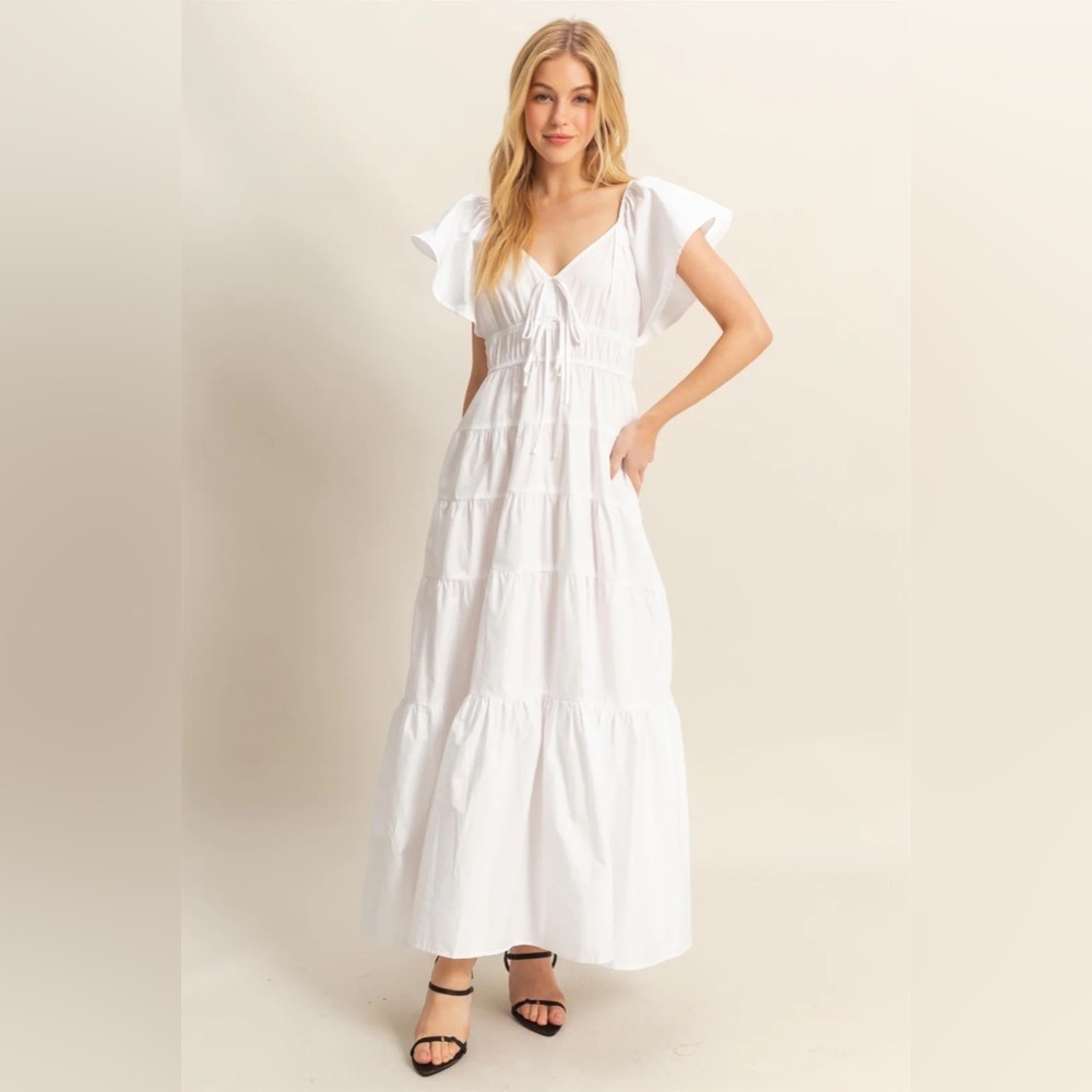 NEW HYFVE White Flutter Sleeve Tiered Cotton Maxi Dress Size Small - Picture 7 of 7